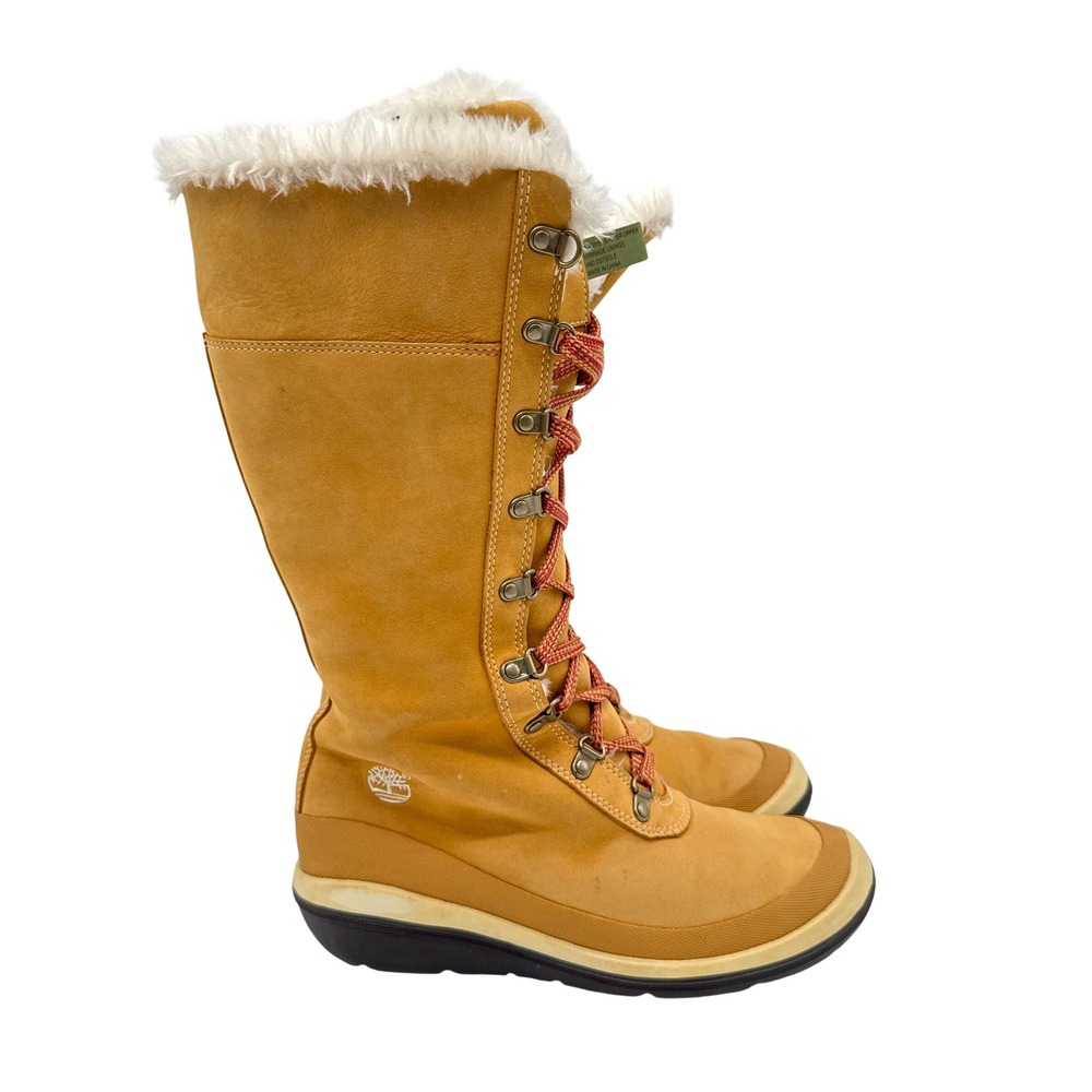 Timberland Tall Winter Boots Womens 7M Wheat Excellent Faux Fur Lace Up 18325